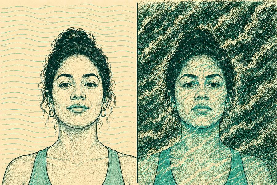 Ilustración editorial dividida en dos: la misma mujer aparece serena de un lado y, del otro, con la misma cara pero rodeada por una tormenta de trazo denso.