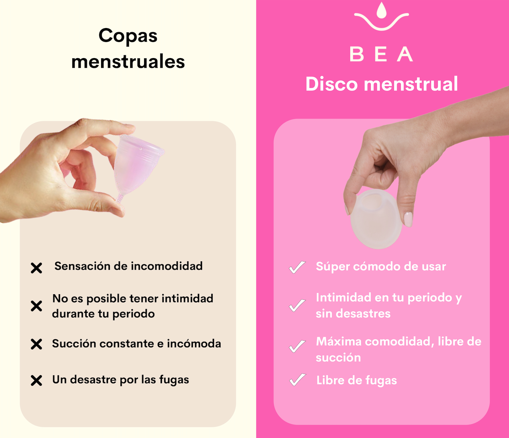 Disco menstrual BEA vs copa menstrual | comparativa ventajas disco menstrual sin fugas sin succión