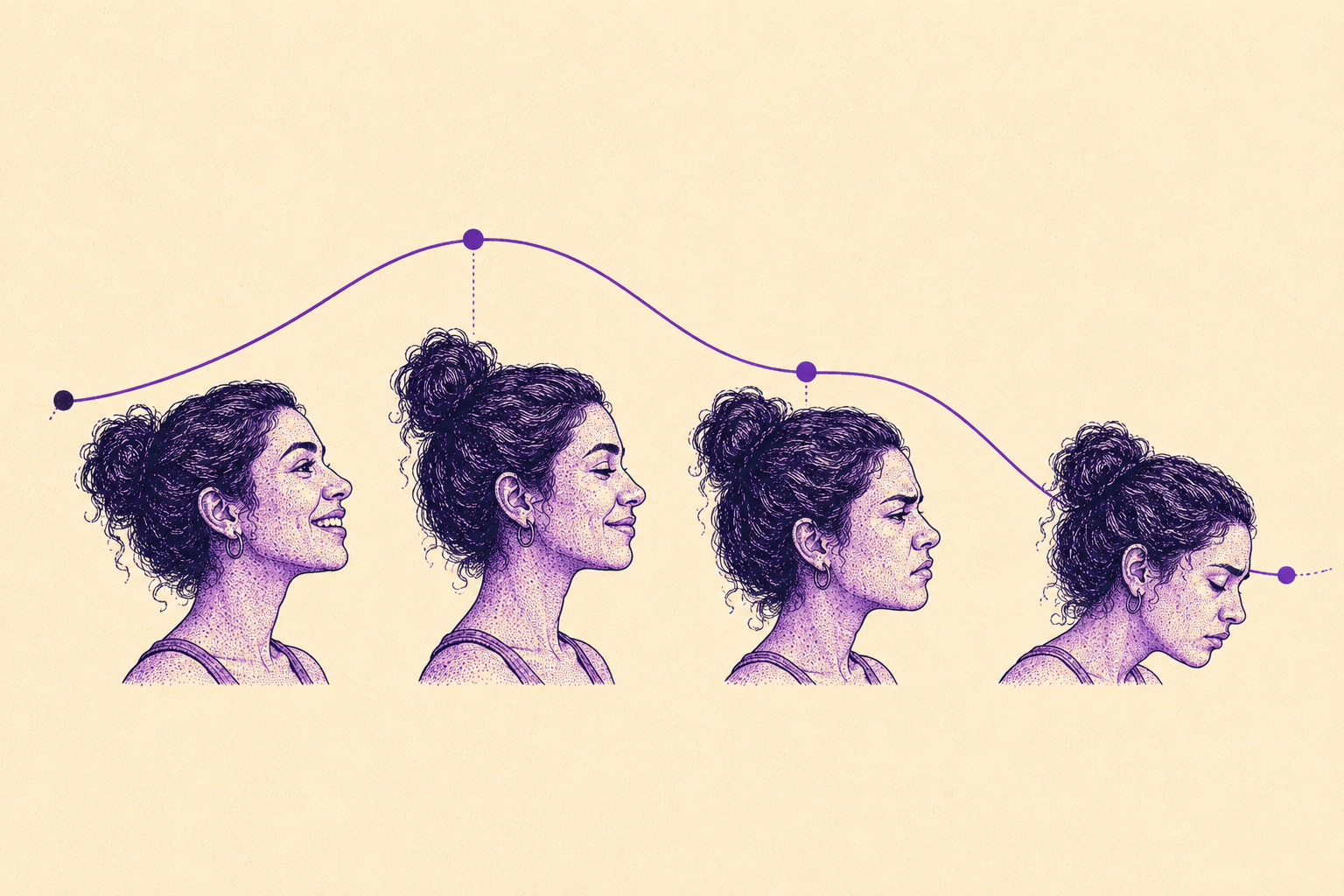 Ilustración editorial de cuatro perfiles de una misma mujer con distintas expresiones, unidos por una línea que sube y baja como una gráfica.