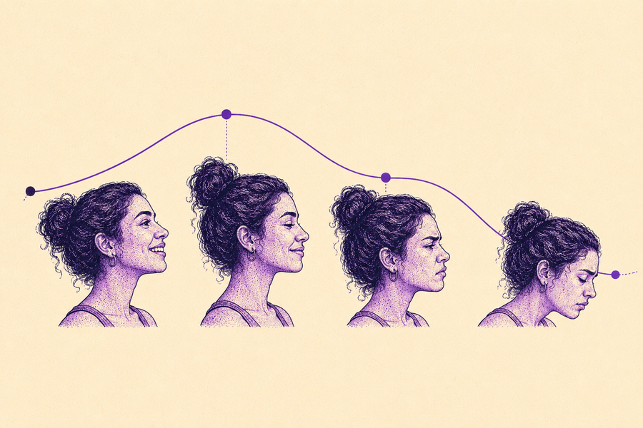 Ilustración editorial de cuatro perfiles de una misma mujer con distintas expresiones, unidos por una línea que sube y baja como una gráfica.