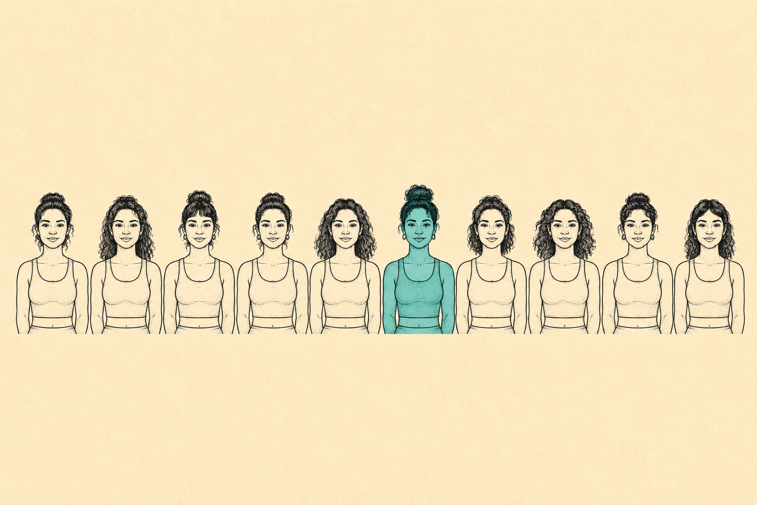 Ilustración editorial de diez siluetas femeninas en fila; nueve están en contorno vacío y una está rellena de color, representando que 1 de cada 10 mujeres vive con SOP.