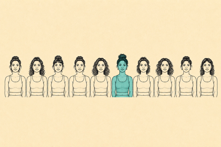 Ilustración editorial de diez siluetas femeninas en fila; nueve están en contorno vacío y una está rellena de color, representando que 1 de cada 10 mujeres vive con SOP.