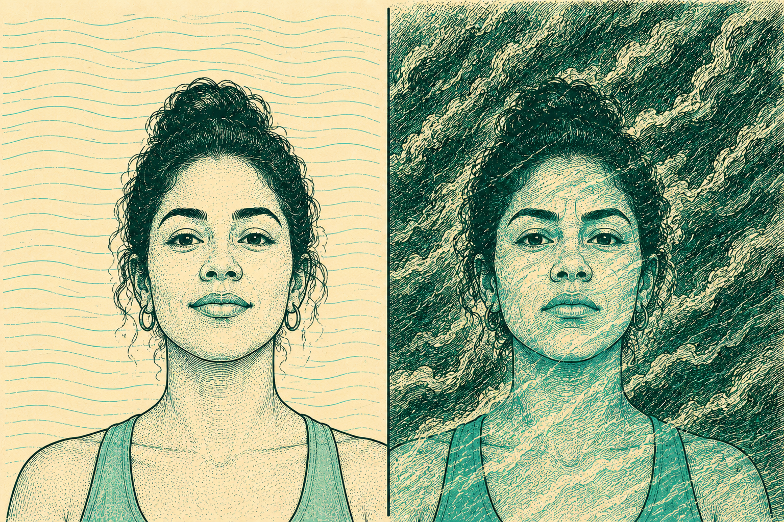 Ilustración editorial dividida en dos: la misma mujer aparece serena de un lado y, del otro, con la misma cara pero rodeada por una tormenta de trazo denso.