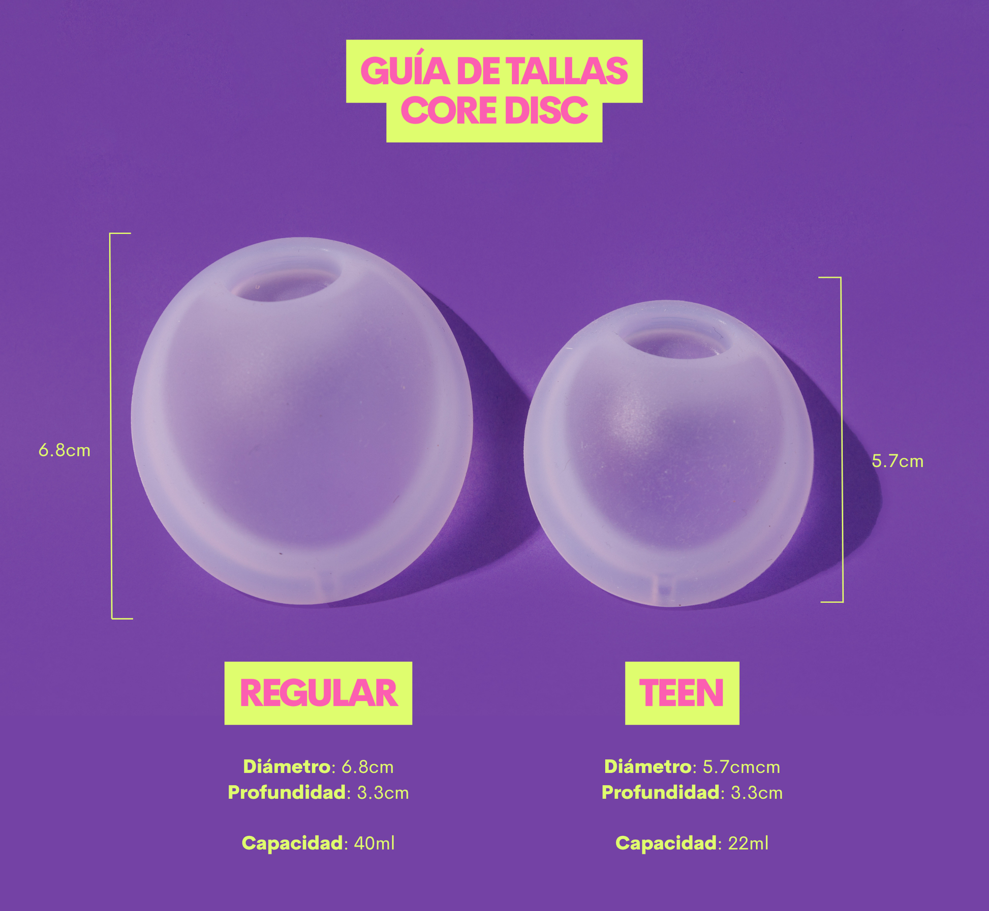 Disco Menstrual BEA tallas | comparativa Mini Teen vs Regular tamaño