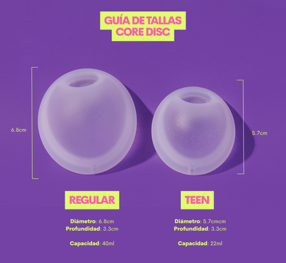Disco Menstrual BEA tallas | comparativa Mini Teen vs Regular tamaño